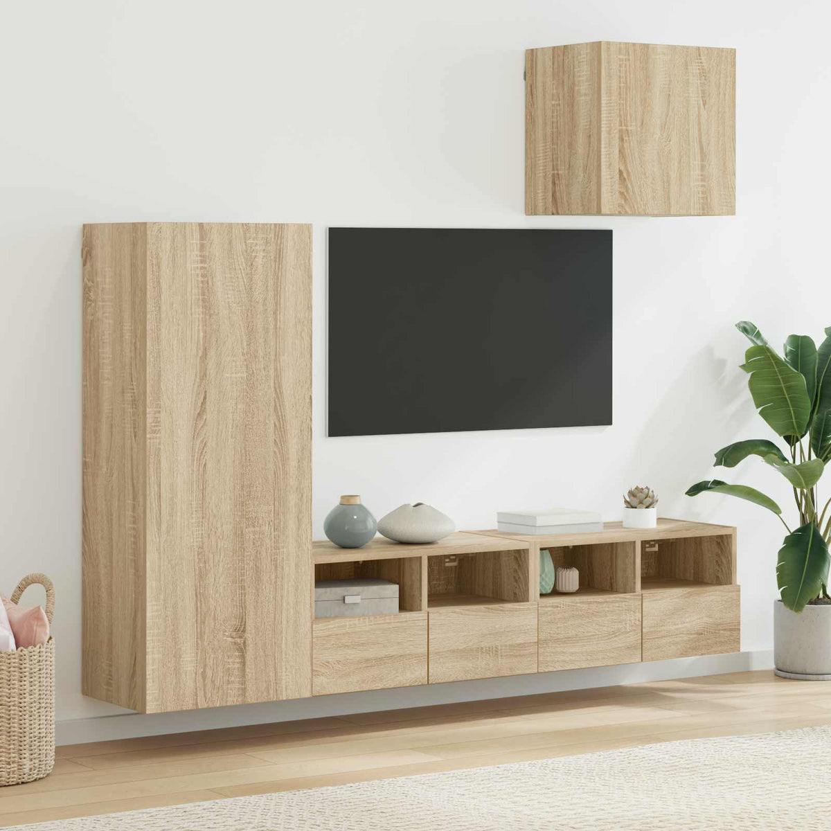 Sieninė TV sekcija, 4 dalių, ąžuolo spalvos, apdirbta mediena