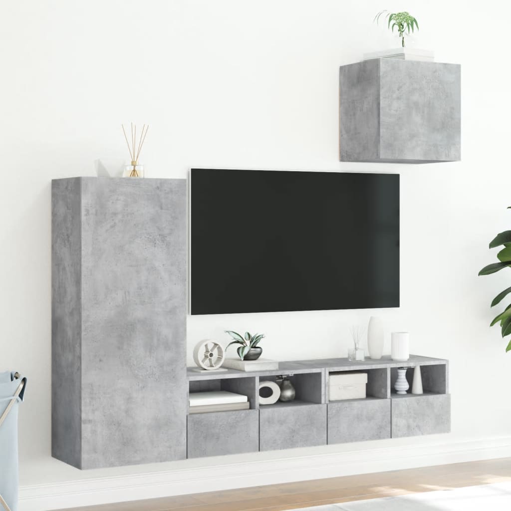 Sieninė TV sekcija, 4 dalių, betono pilka, apdirbta mediena