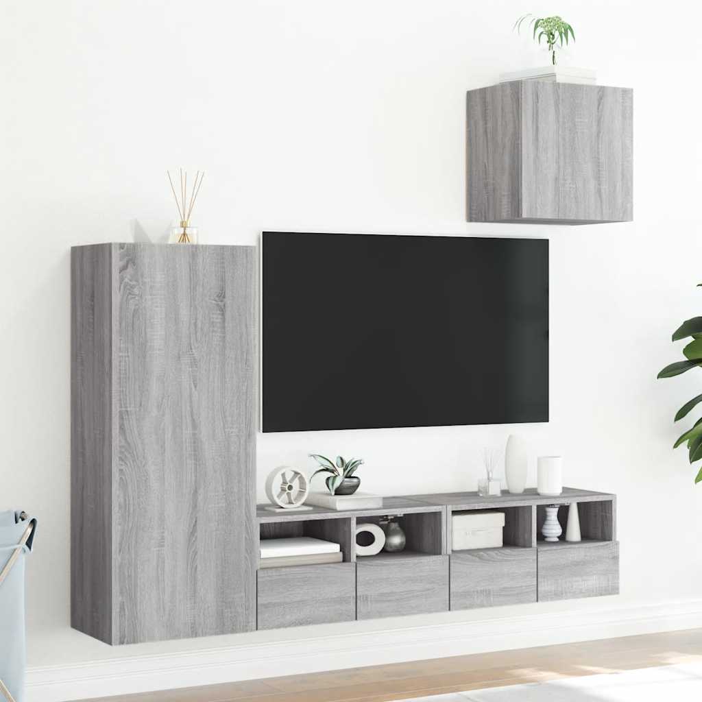 Sieninė TV sekcija, 4 dalių, pilka ąžuolo, apdirbta mediena