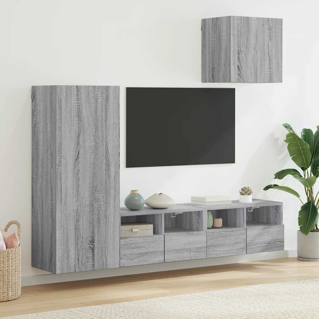 Sienas TV plaukts, 4 daļu, pelēks ozols, inženierijas koksne