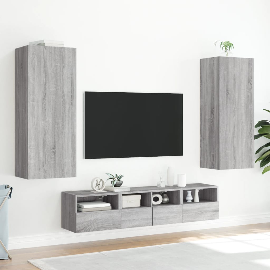 Wall-mounted TV cabinet, 5-piece, grey oak, engineered wood