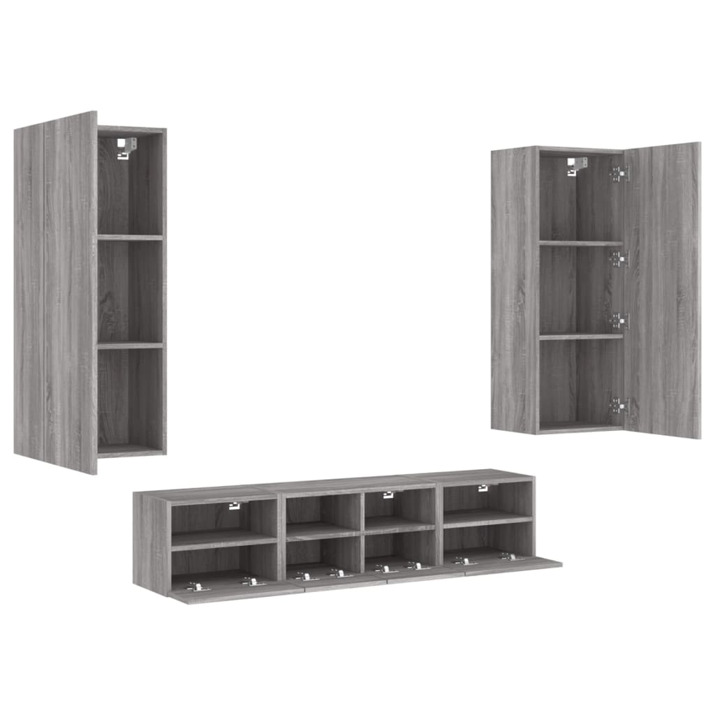 Wall-mounted TV cabinet, 5-piece, grey oak, engineered wood
