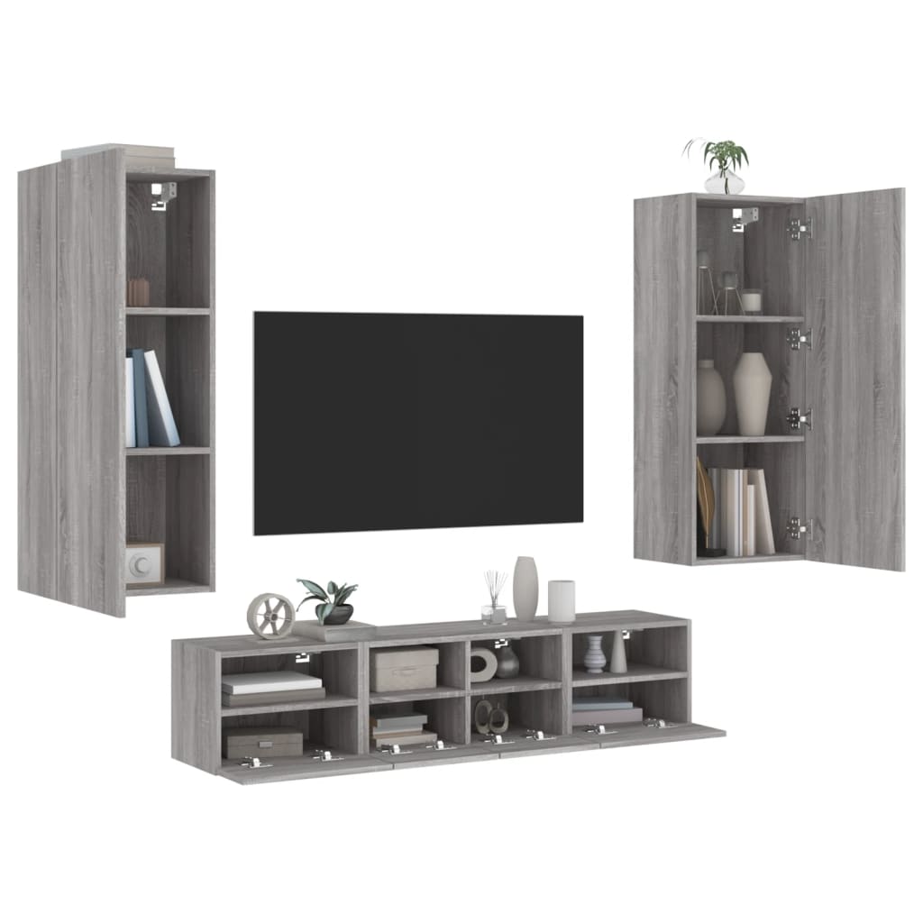 Wall-mounted TV cabinet, 5-piece, grey oak, engineered wood