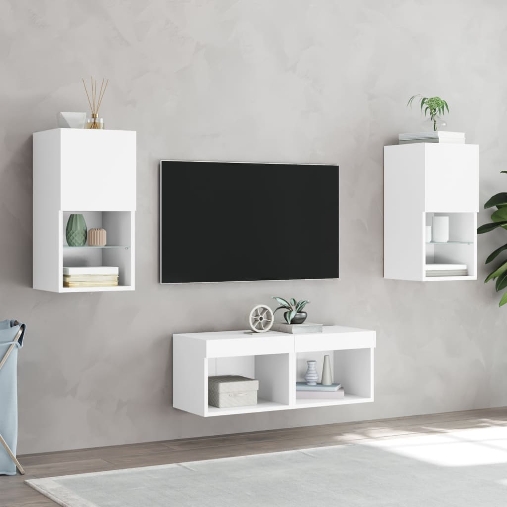 Sieninės TV spintelės su LED lemputėmis, 4 dalių, baltos