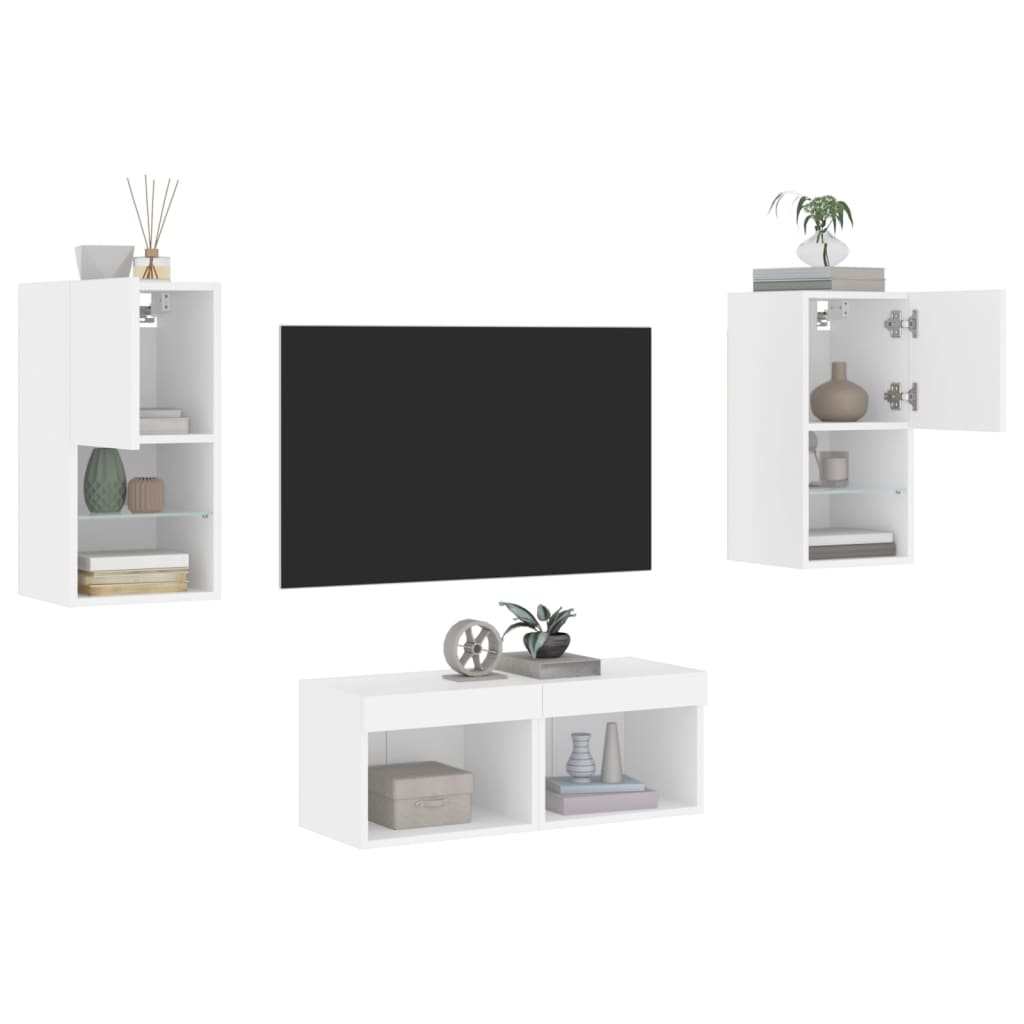Sieninės TV spintelės su LED lemputėmis, 4 dalių, baltos