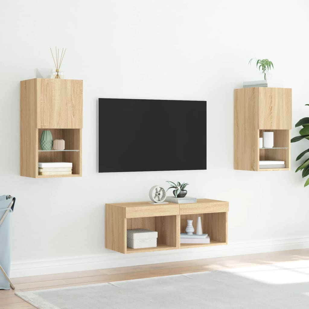 Pie sienas stiprināmi TV skapīši ar LED gaismām, 4 gab., ozolkoka krāsa