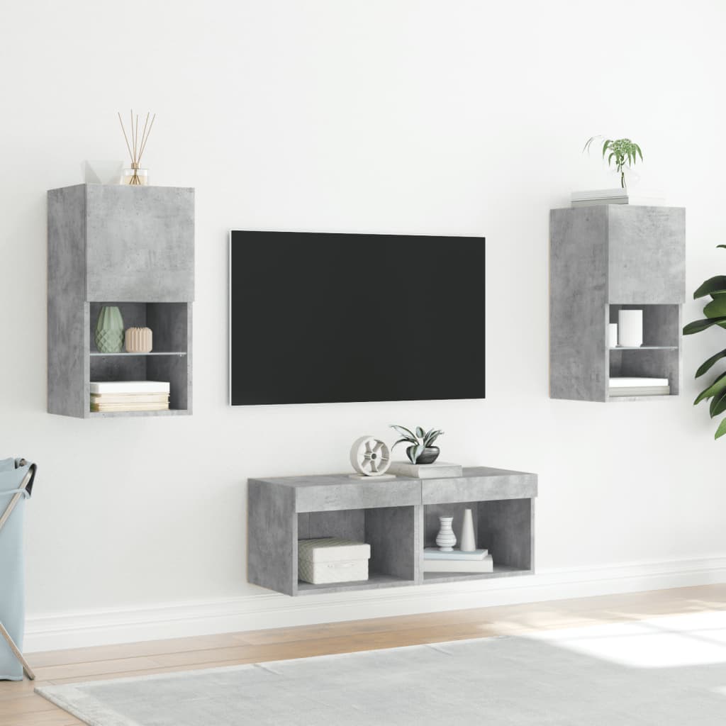 Sieninės TV spintelės su LED lemputėmis, 4 dalių, betono pilkos