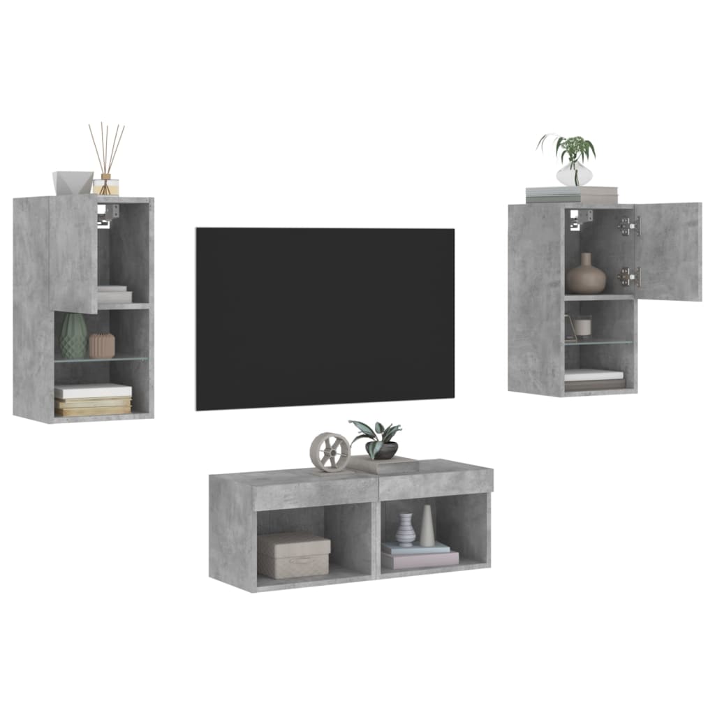 Sieninės TV spintelės su LED lemputėmis, 4 dalių, betono pilkos