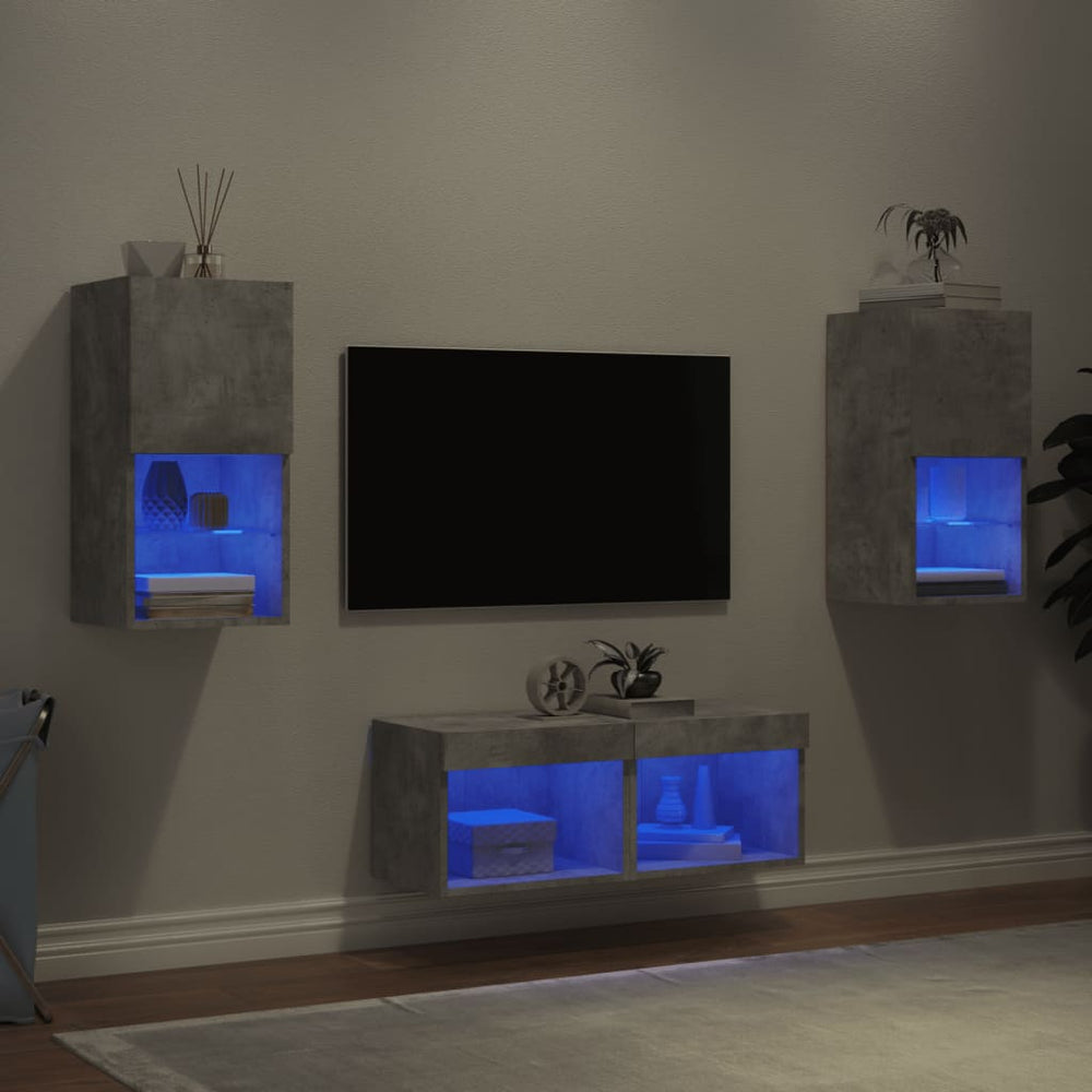 Sieninės TV spintelės su LED lemputėmis, 4 dalių, betono pilkos
