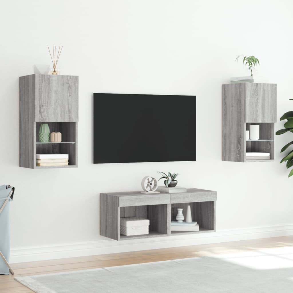Sieninės TV spintelės su LED lemputėmis, 4 dalių, pilkos ąžuolo