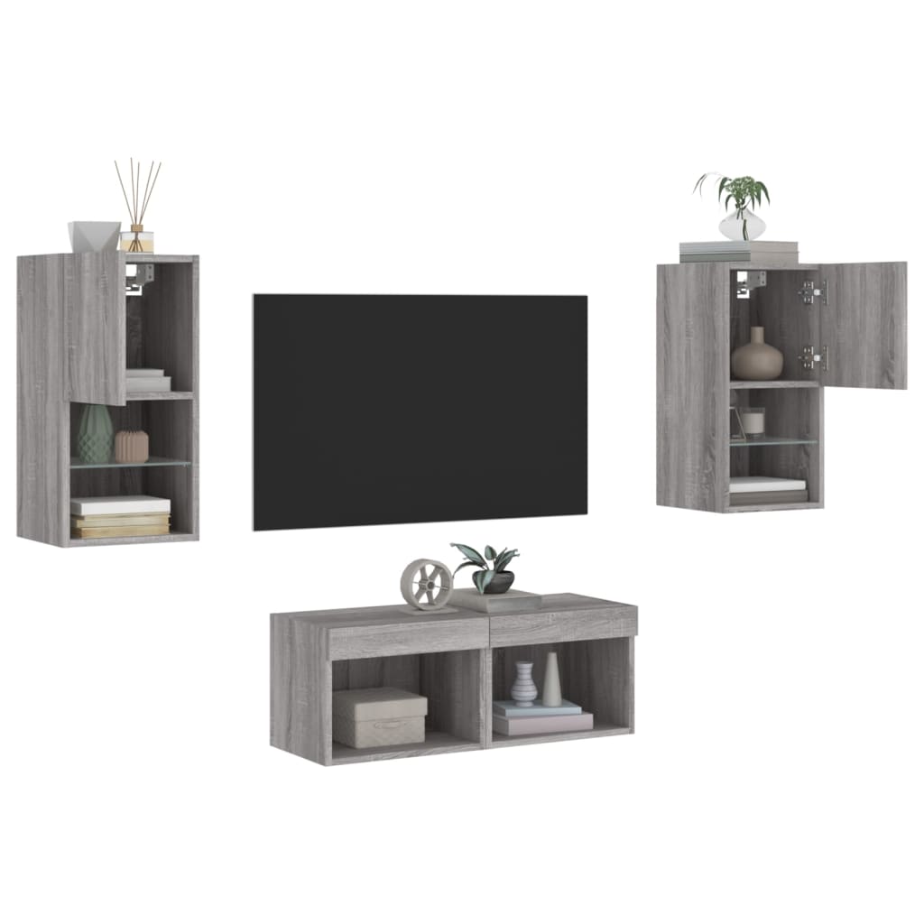 Sieninės TV spintelės su LED lemputėmis, 4 dalių, pilkos ąžuolo
