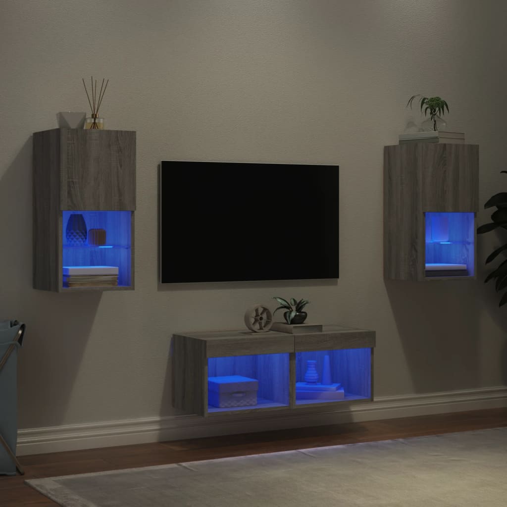 Sieninės TV spintelės su LED lemputėmis, 4 dalių, pilkos ąžuolo