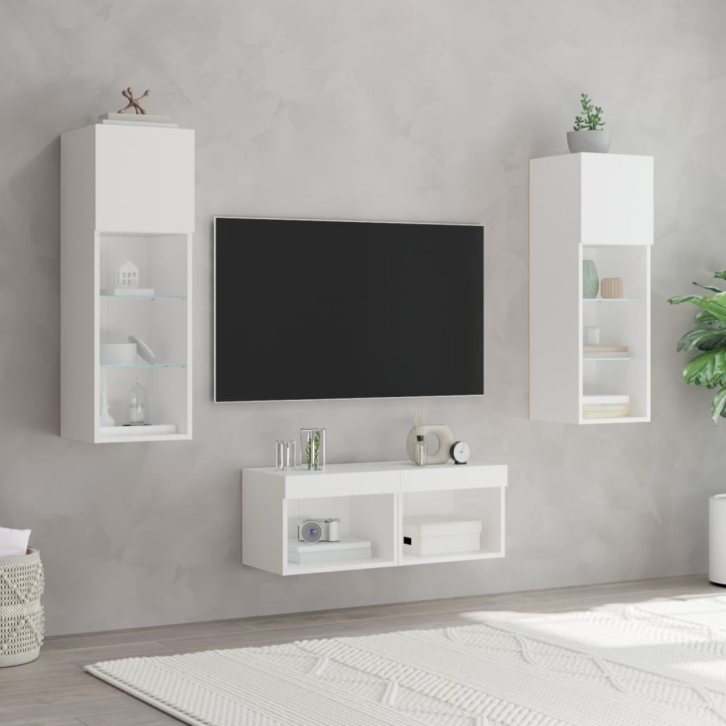 Sieninės TV spintelės su LED lemputėmis, 4 dalių, baltos