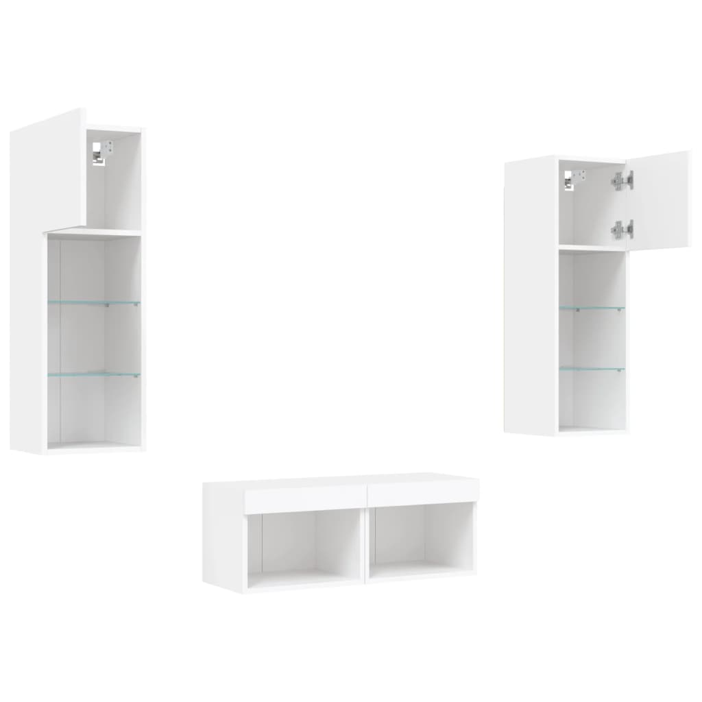 Sieninės TV spintelės su LED lemputėmis, 4 dalių, baltos
