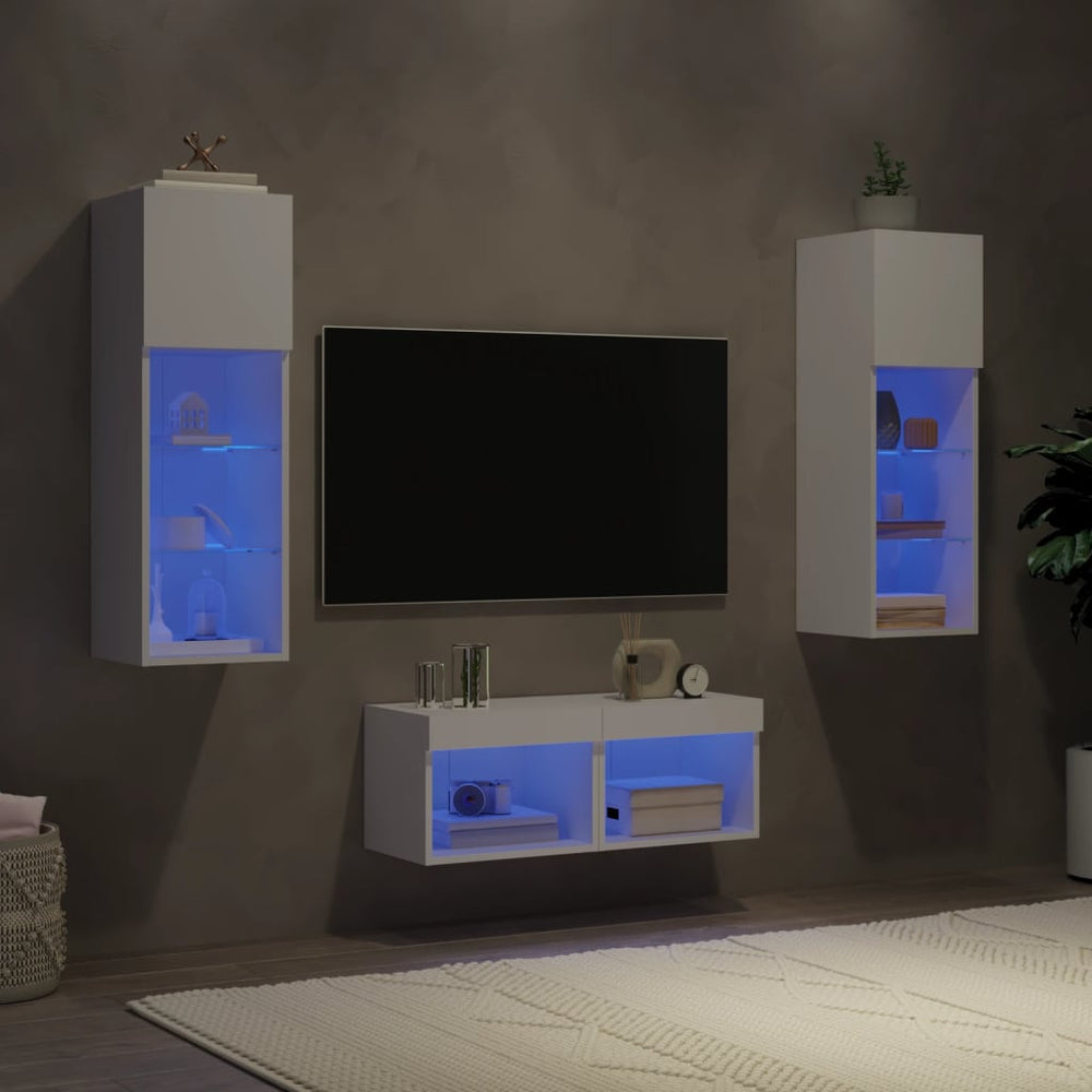 Sieninės TV spintelės su LED lemputėmis, 4 dalių, baltos