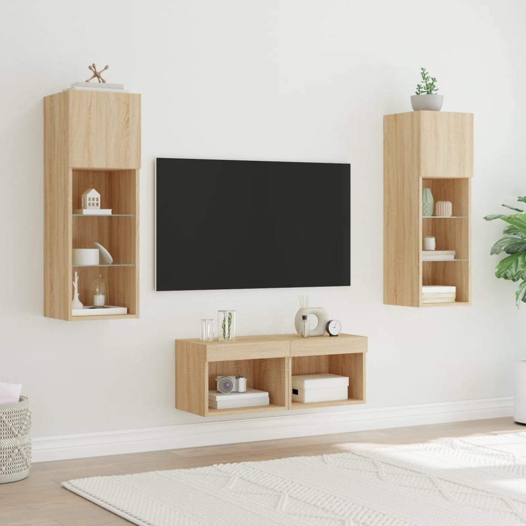 Pie sienas stiprināmi TV skapīši ar LED gaismām, 4 gab., ozolkoka krāsa