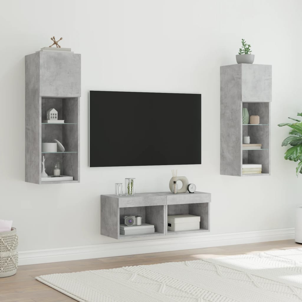 Sieninės TV spintelės su LED lemputėmis, 4 dalių, betono pilkos