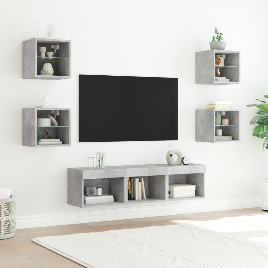 Sienas TV modulis ar LED apgaismojumu, 7 daļas, betona apdares koks