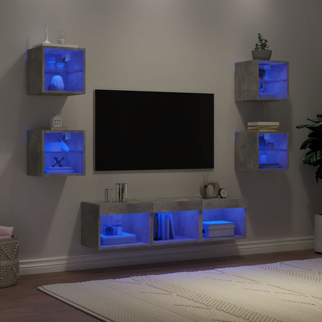 Sienas TV modulis ar LED apgaismojumu, 7 daļas, betona apdares koks