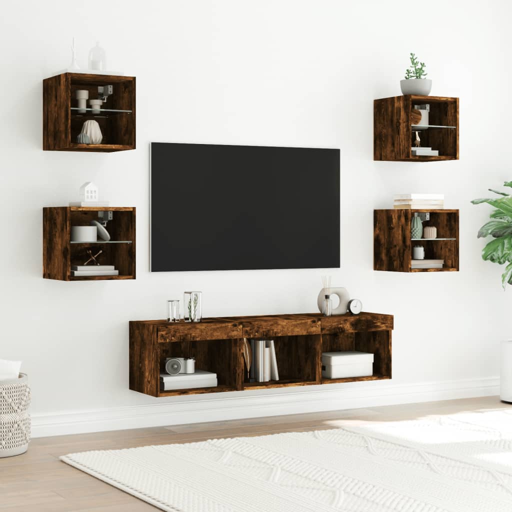 Wall TV cabinet with LED, 7-piece, smoky oak, wood