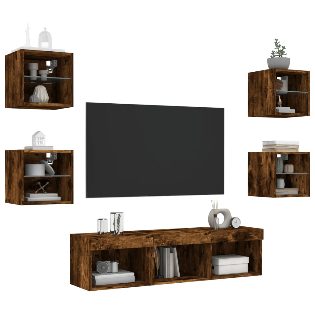 Wall TV cabinet with LED, 7-piece, smoky oak, wood