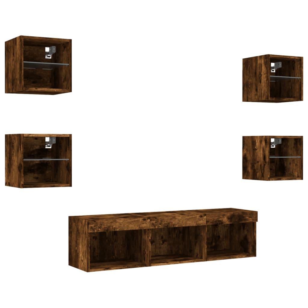 Wall TV cabinet with LED, 7-piece, smoky oak, wood