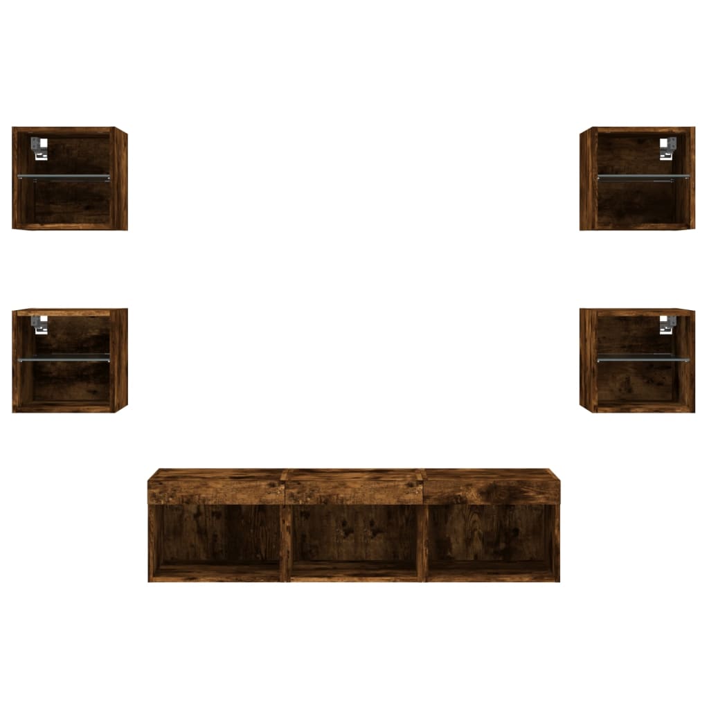 Wall TV cabinet with LED, 7-piece, smoky oak, wood