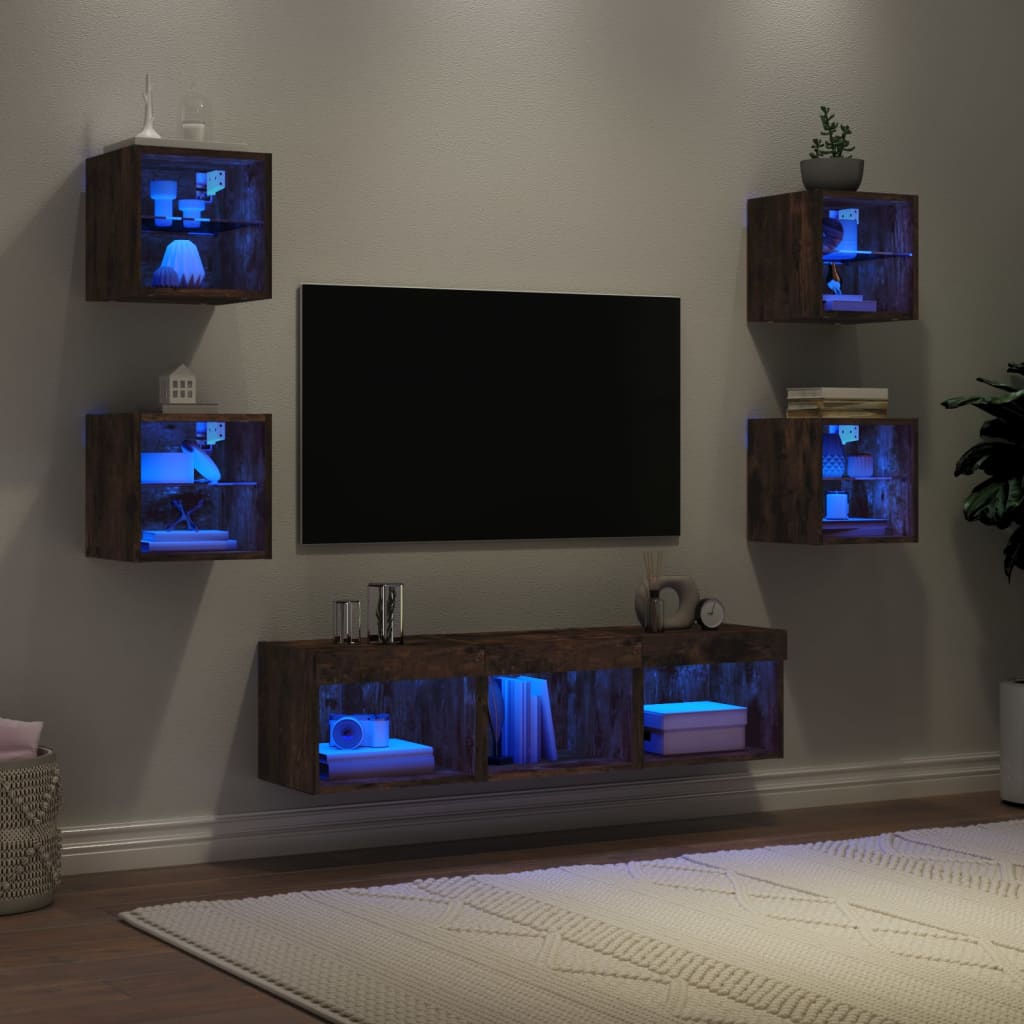 Wall TV cabinet with LED, 7-piece, smoky oak, wood