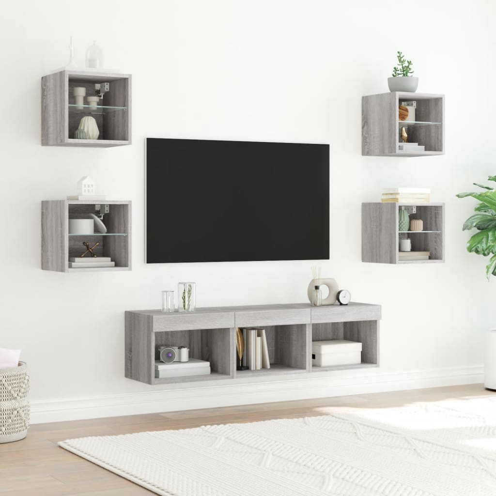 Pie sienas stiprināms TV plaukts ar LED apgaismojumu, 7 daļas, pelēks ozols, koks