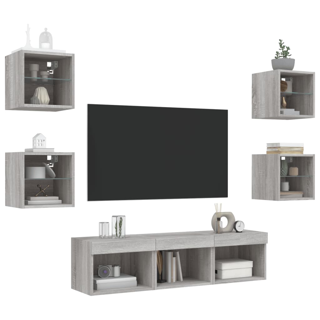 Pie sienas stiprināms TV plaukts ar LED apgaismojumu, 7 daļas, pelēks ozols, koks