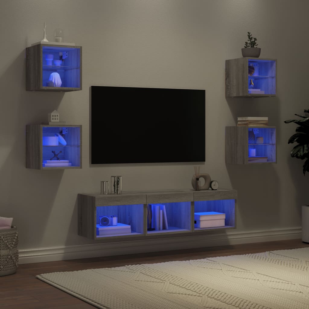 Pie sienas stiprināms TV plaukts ar LED apgaismojumu, 7 daļas, pelēks ozols, koks
