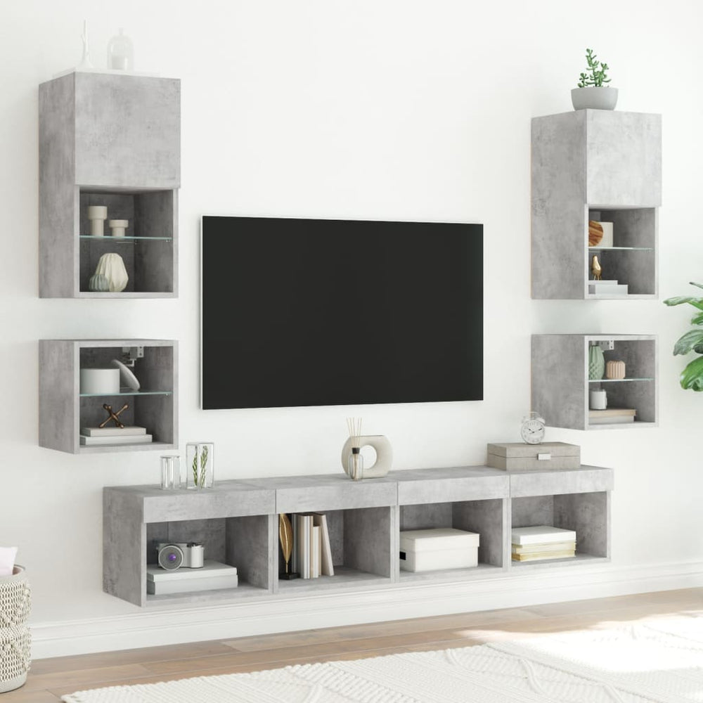 Sieninė TV sekcija su LED, 8 dalių, betono, apdirbta mediena