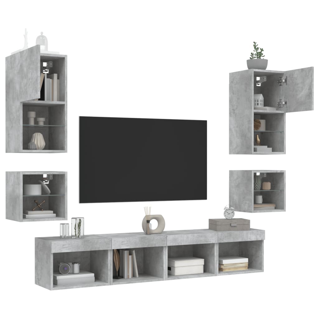 Sieninė TV sekcija su LED, 8 dalių, betono, apdirbta mediena