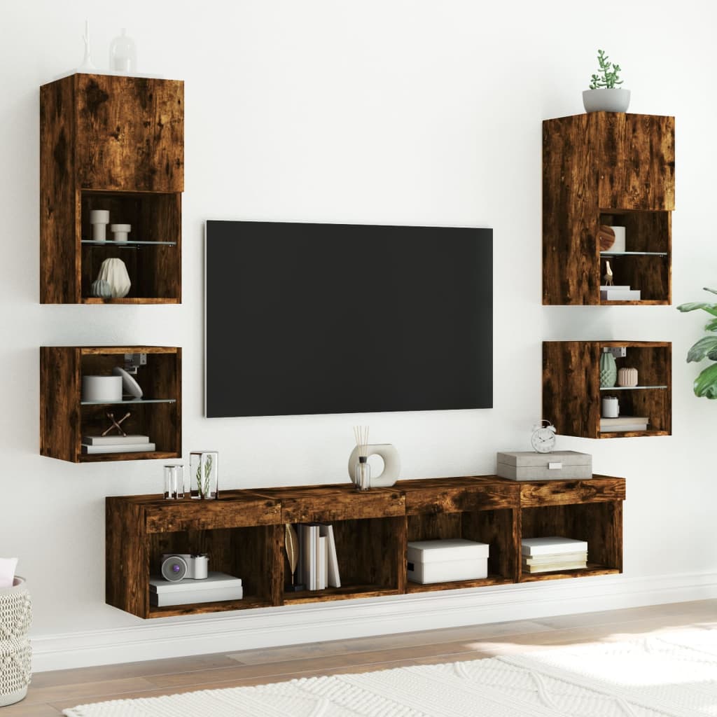 Sienas TV modulis ar LED, 8 daļas, dūmu ozola, koks