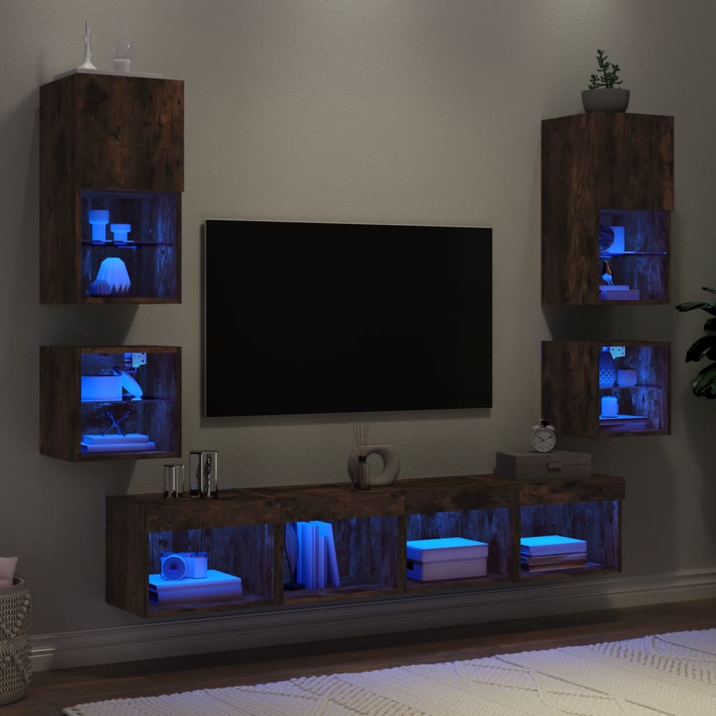 Sienas TV modulis ar LED, 8 daļas, dūmu ozola, koks