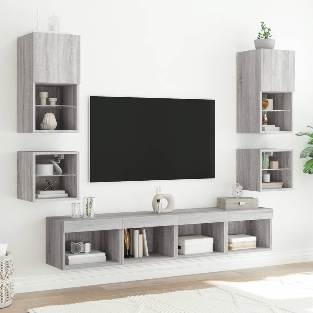 Sienas TV plaukts ar LED, 8 daļas, pelēks ozols, koks