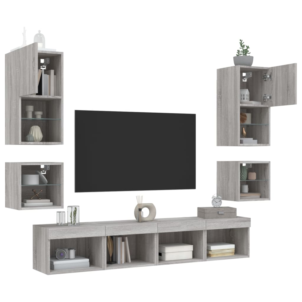 Sienas TV plaukts ar LED, 8 daļas, pelēks ozols, koks