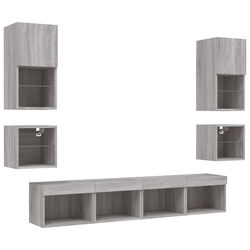 Sienas TV plaukts ar LED, 8 daļas, pelēks ozols, koks