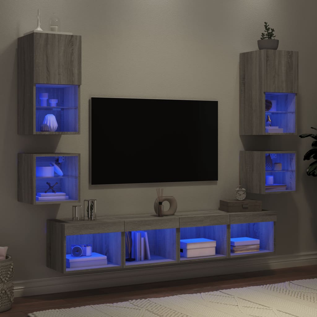 Sienas TV plaukts ar LED, 8 daļas, pelēks ozols, koks