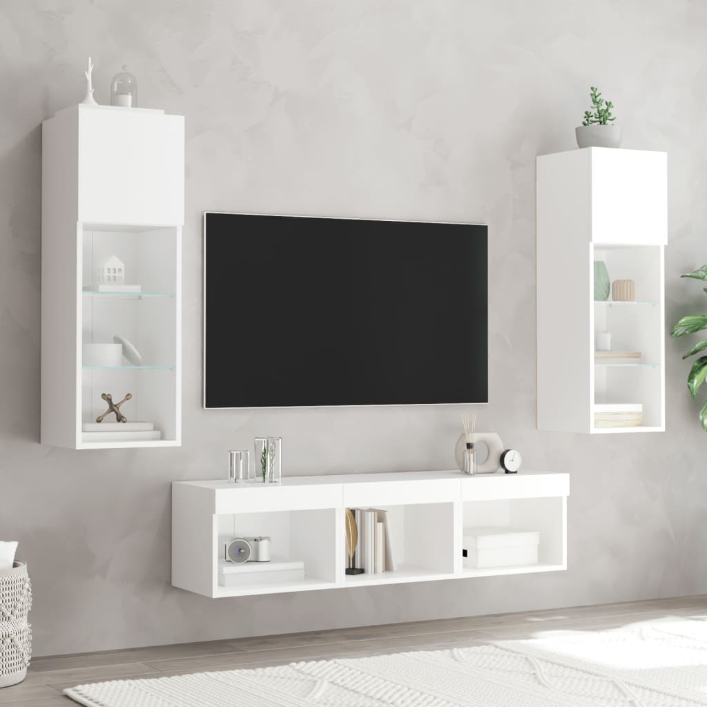 Sieninė TV sekcija su LED, 5 dalių, balta, apdirbta mediena