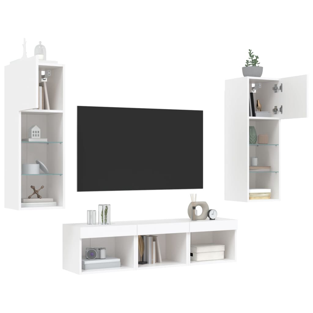 Sieninė TV sekcija su LED, 5 dalių, balta, apdirbta mediena