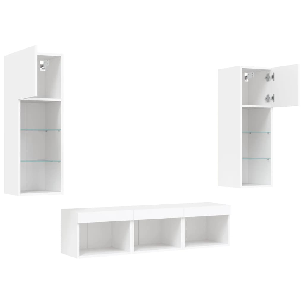 Sieninė TV sekcija su LED, 5 dalių, balta, apdirbta mediena