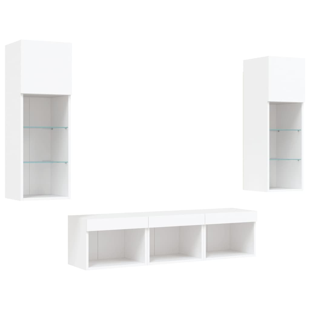 Sieninė TV sekcija su LED, 5 dalių, balta, apdirbta mediena