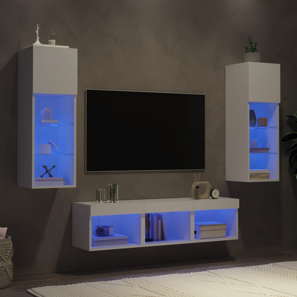 Sieninė TV sekcija su LED, 5 dalių, balta, apdirbta mediena
