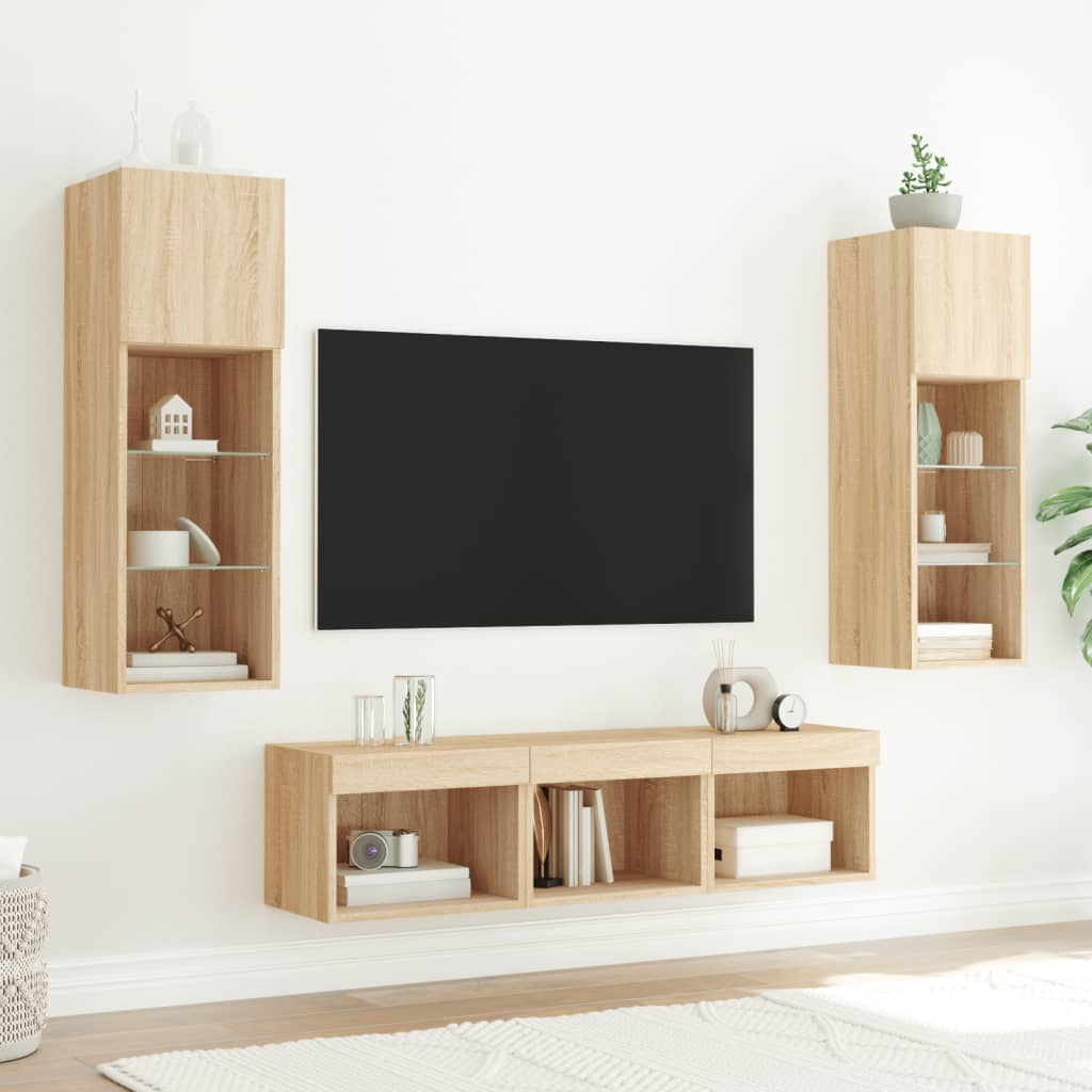 Wall-mounted TV cabinet with LED, 5-piece, oak, engineered wood