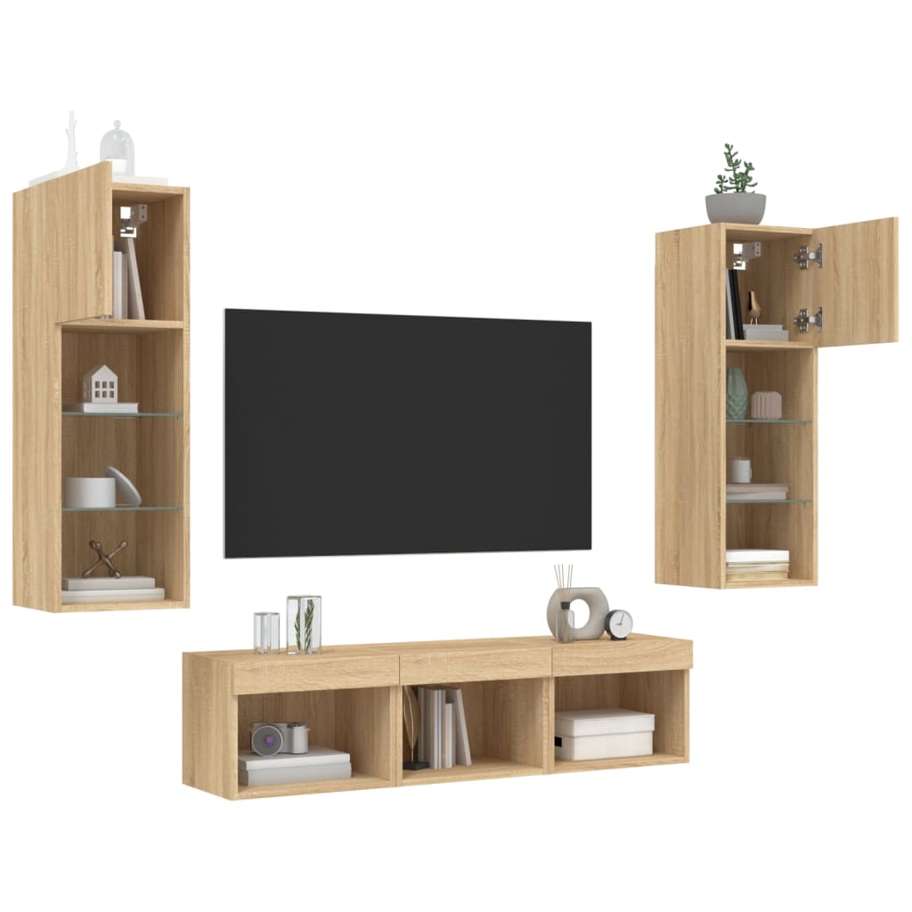 Wall-mounted TV cabinet with LED, 5-piece, oak, engineered wood