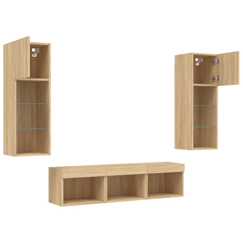Wall-mounted TV cabinet with LED, 5-piece, oak, engineered wood