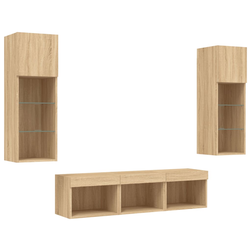Wall-mounted TV cabinet with LED, 5-piece, oak, engineered wood