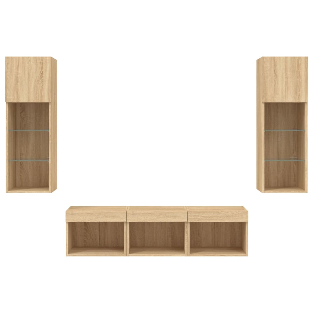 Wall-mounted TV cabinet with LED, 5-piece, oak, engineered wood