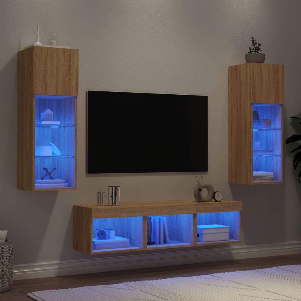 Wall-mounted TV cabinet with LED, 5-piece, oak, engineered wood